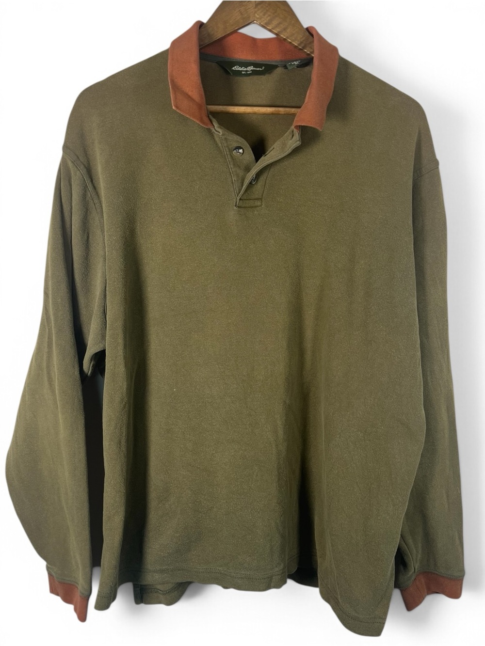 Eddie Bauer Olive Green Brown Collar Long Sleeve Rugby Polo Mens XL Gorpcore 90s